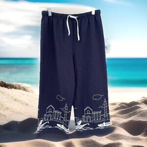 VTG Beach Cabana French Terry Capris Cropped Pants Women's M Pull On Nautical
